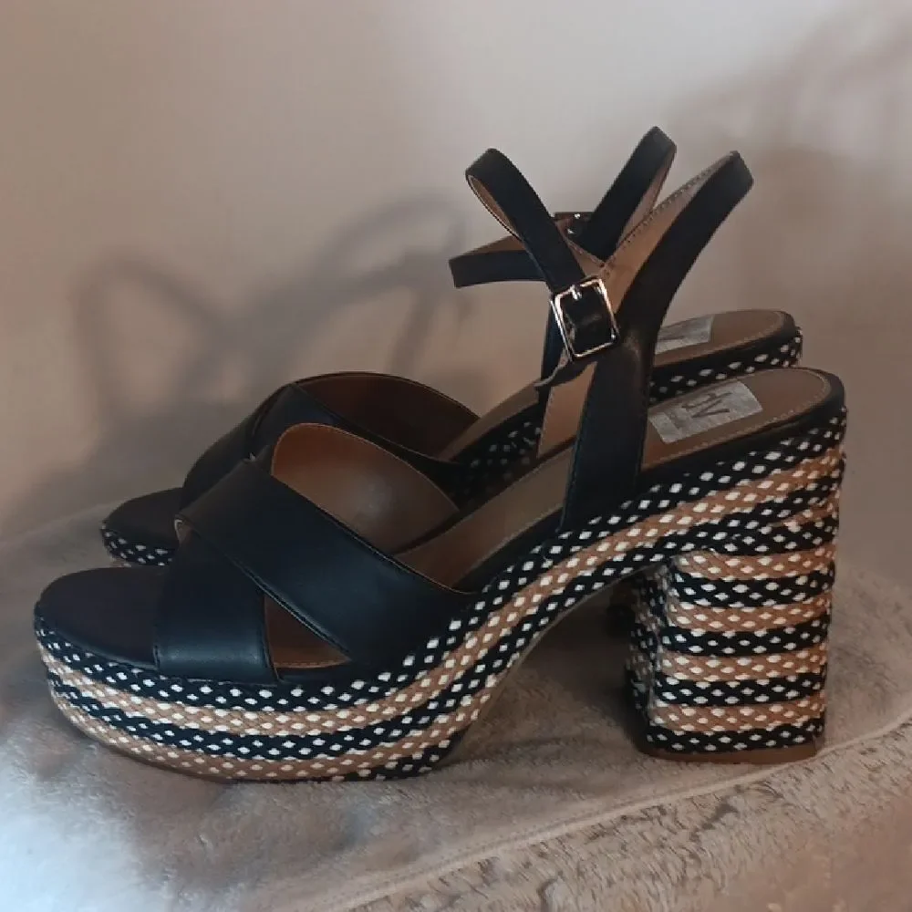 Dolce Vita Black Platform Sandals with Woven Tan & White Trim